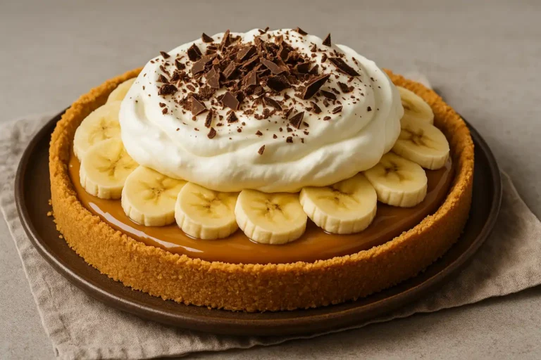 Tarte banoffee maison avec fond biscuit, caramel, rondelles de banane et chantilly garnie de copeaux de chocolat