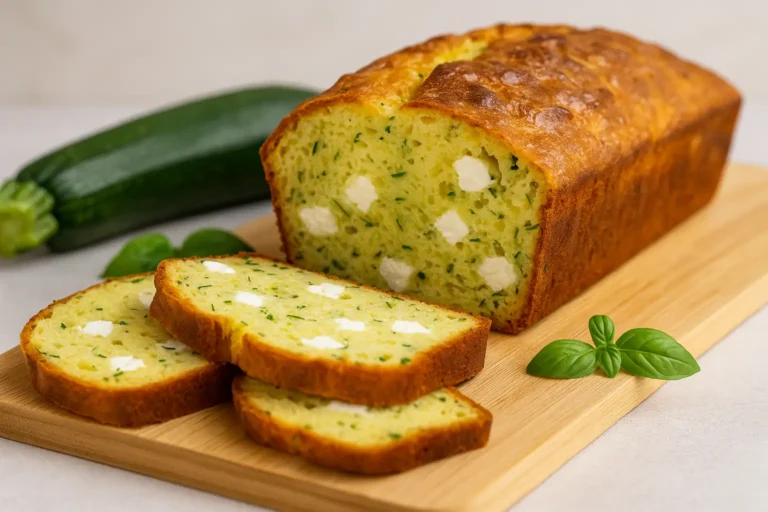 Cake salé courgette feta doré et moelleux, tranché avec morceaux visibles de courgette et feta