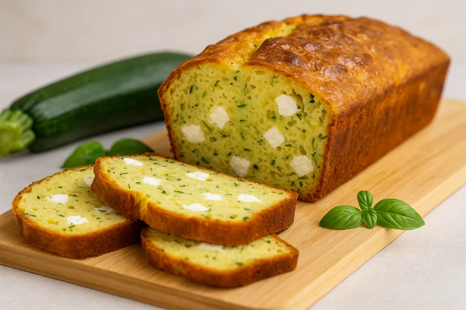 Cake salé courgette feta doré et moelleux, tranché avec morceaux visibles de courgette et feta