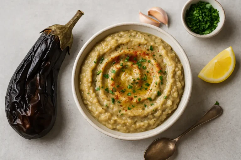 Bol de caviar d’aubergine crémeux avec huile d’olive et aubergine grillée en arrière-plan