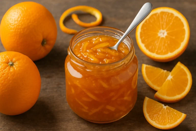 Confiture d’orange maison brillante avec zestes visibles dans un pot en verre