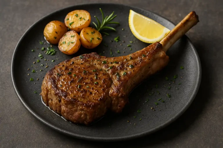 Côtelette d’agneau grillée avec pommes de terre grenaille et quartier de citron sur assiette élégante