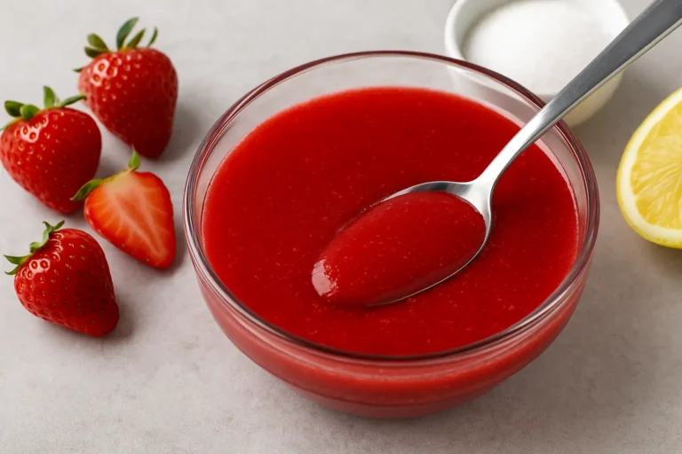 Bol de coulis de fraise rouge vif avec cuillère et fraises fraîches à côté