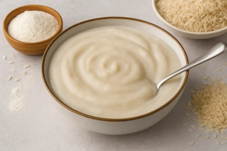 Bol de crème de riz onctueuse avec cuillère, poudre de riz et grains crus autour