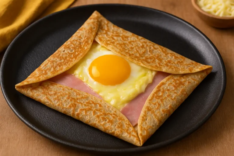 Crêpe salée dorée garnie de jambon, fromage et œuf au centre sur assiette noire