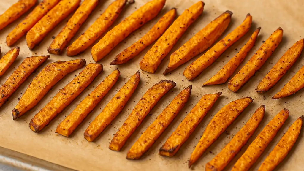 Frites de patate douce croustillantes au four disposées sur plaque avec épices