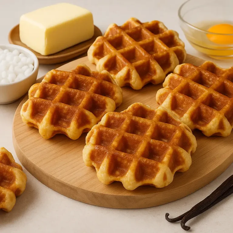 Gaufres liégeoises dorées et caramélisées sur planche en bois