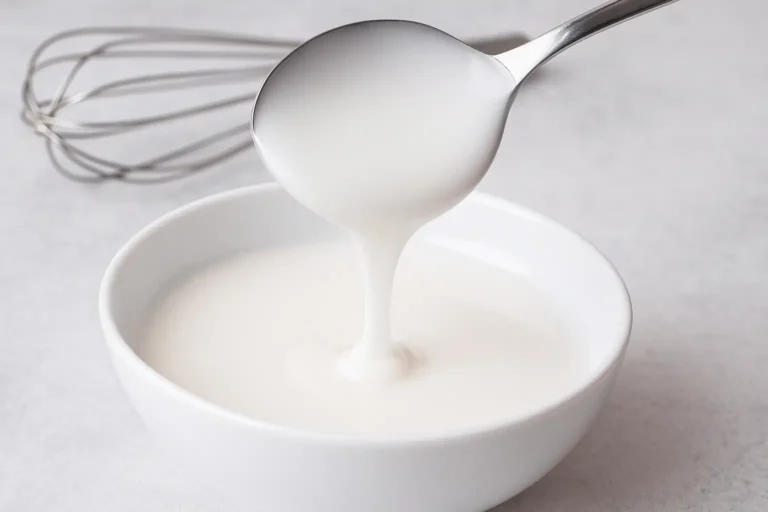 Glaçage au sucre glace blanc brillant coulant d’une cuillère dans un bol