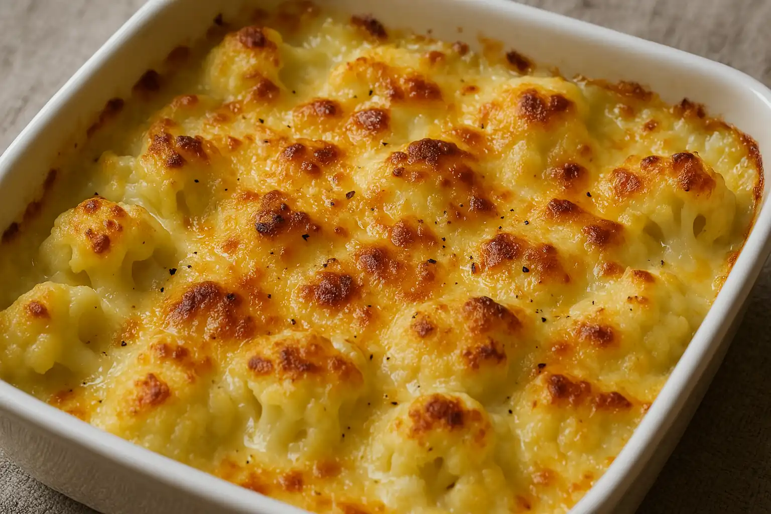 Gratin de chou-fleur doré et croustillant au fromage dans un plat familial