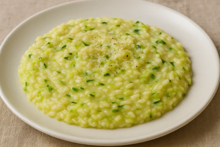 Risotto courgette crémeux à l’italienne avec texture all’onda et copeaux de parmesan
