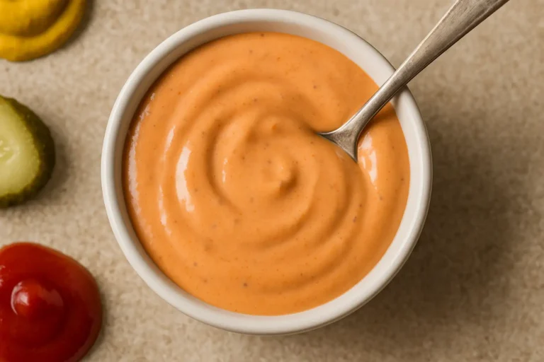 Bol de sauce burger maison crémeuse orangée avec cuillère et condiments en arrière-plan