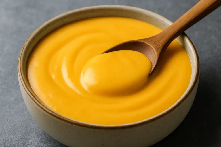 Sauce cheddar crémeuse et nappante servie dans un bol avec cuillère en bois