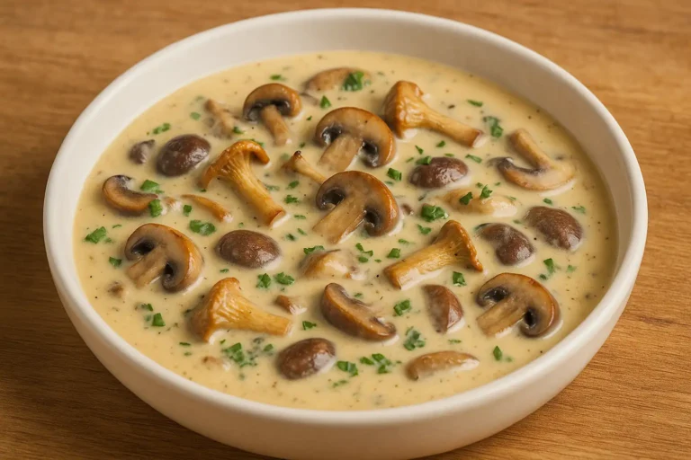 Sauce forestière crémeuse aux champignons et herbes fraîches dans une saucière