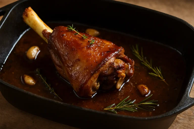 Souris d’agneau confite au four, dorée et laquée dans son jus avec herbes aromatiques
